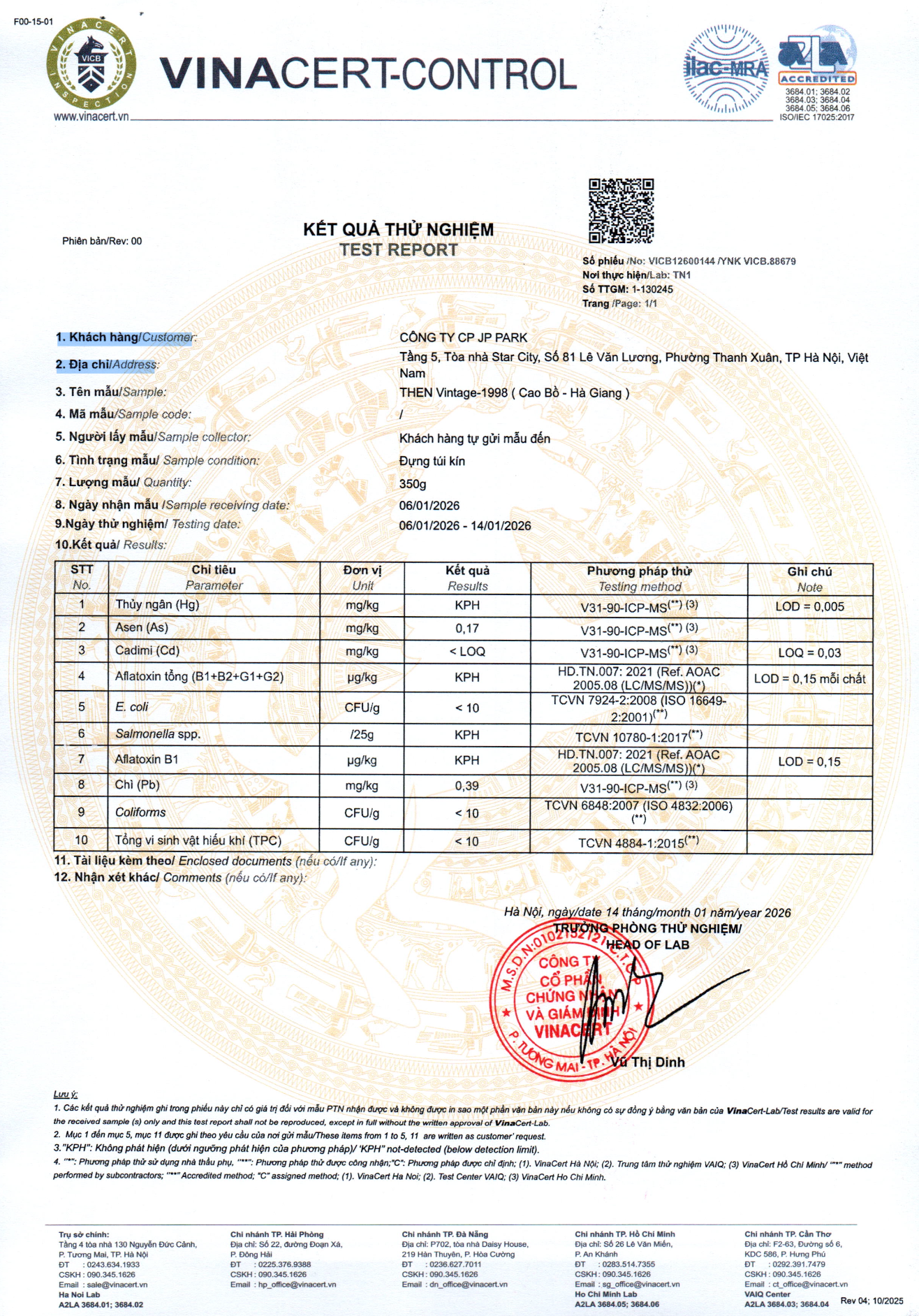 Kết quả kiểm nghiệm VINACERT
