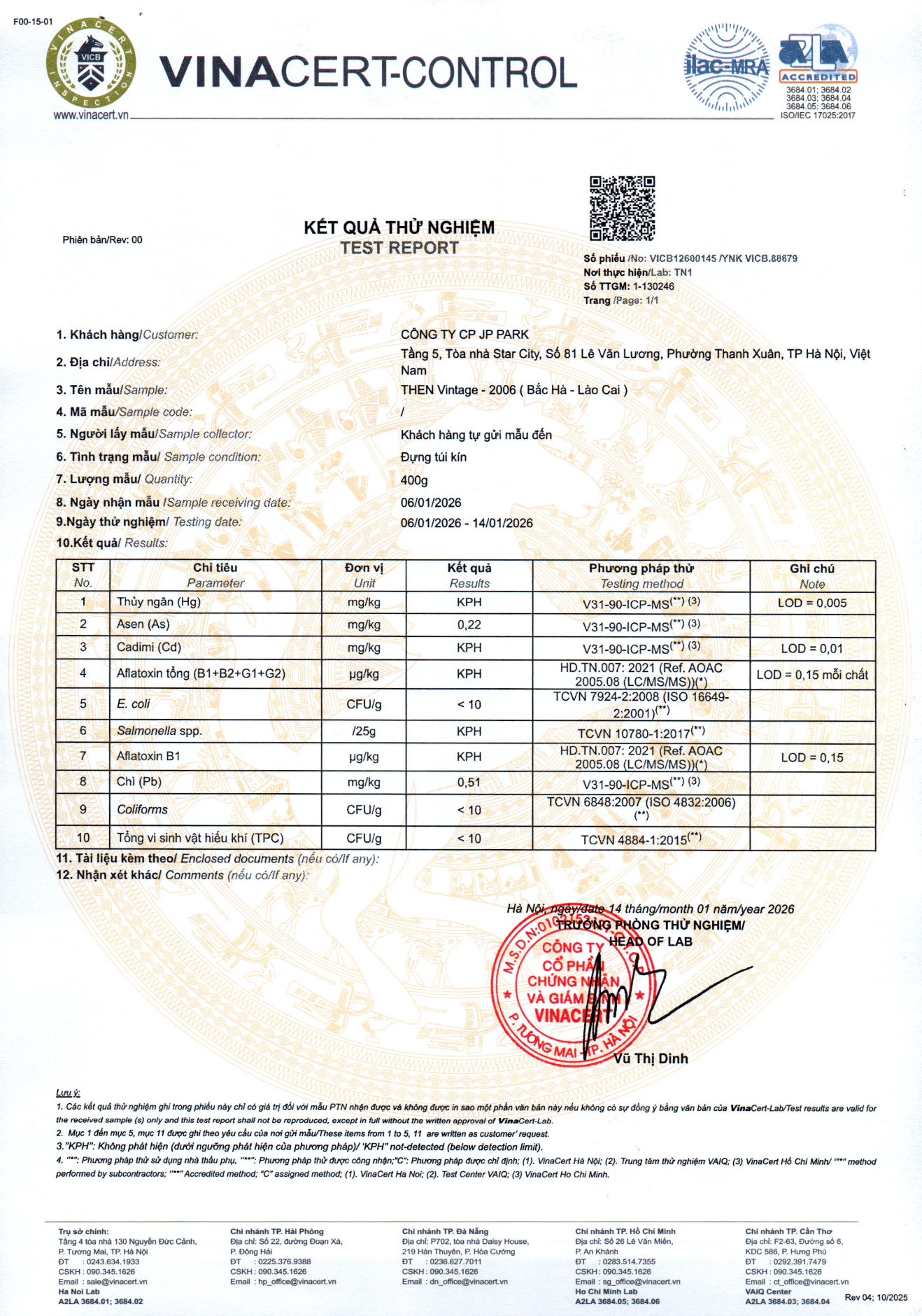 Kết quả kiểm nghiệm VINACERT